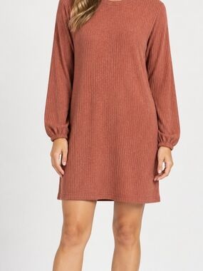 Rib-Knit Long Sleeve Shift Dress - Rust
